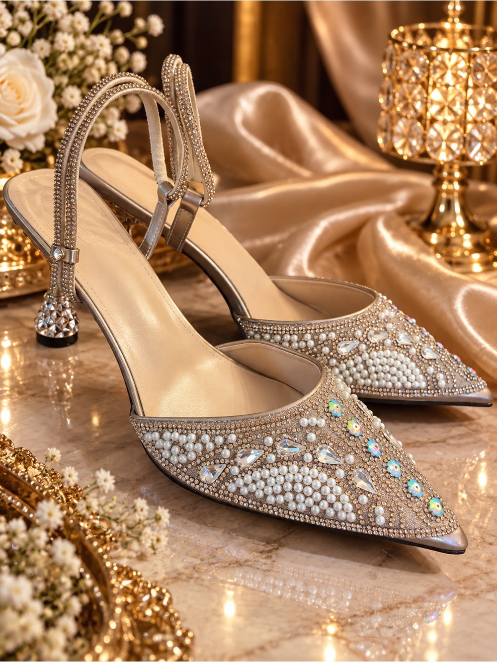 Pearl & Crystal Embellished Champagne Slingback Heels